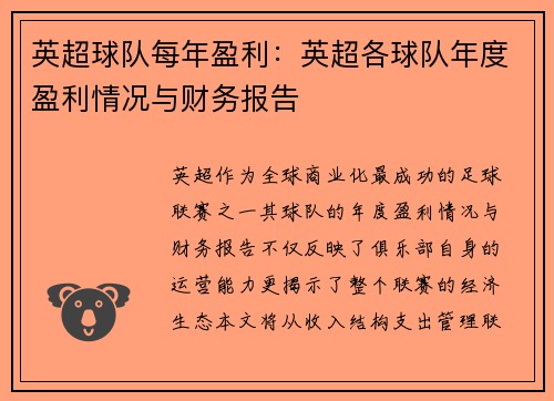 英超球队每年盈利：英超各球队年度盈利情况与财务报告