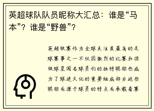 英超球队队员昵称大汇总：谁是“马本”？谁是“野兽”？