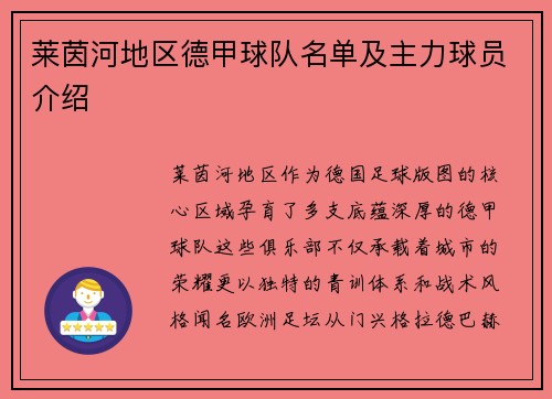 莱茵河地区德甲球队名单及主力球员介绍
